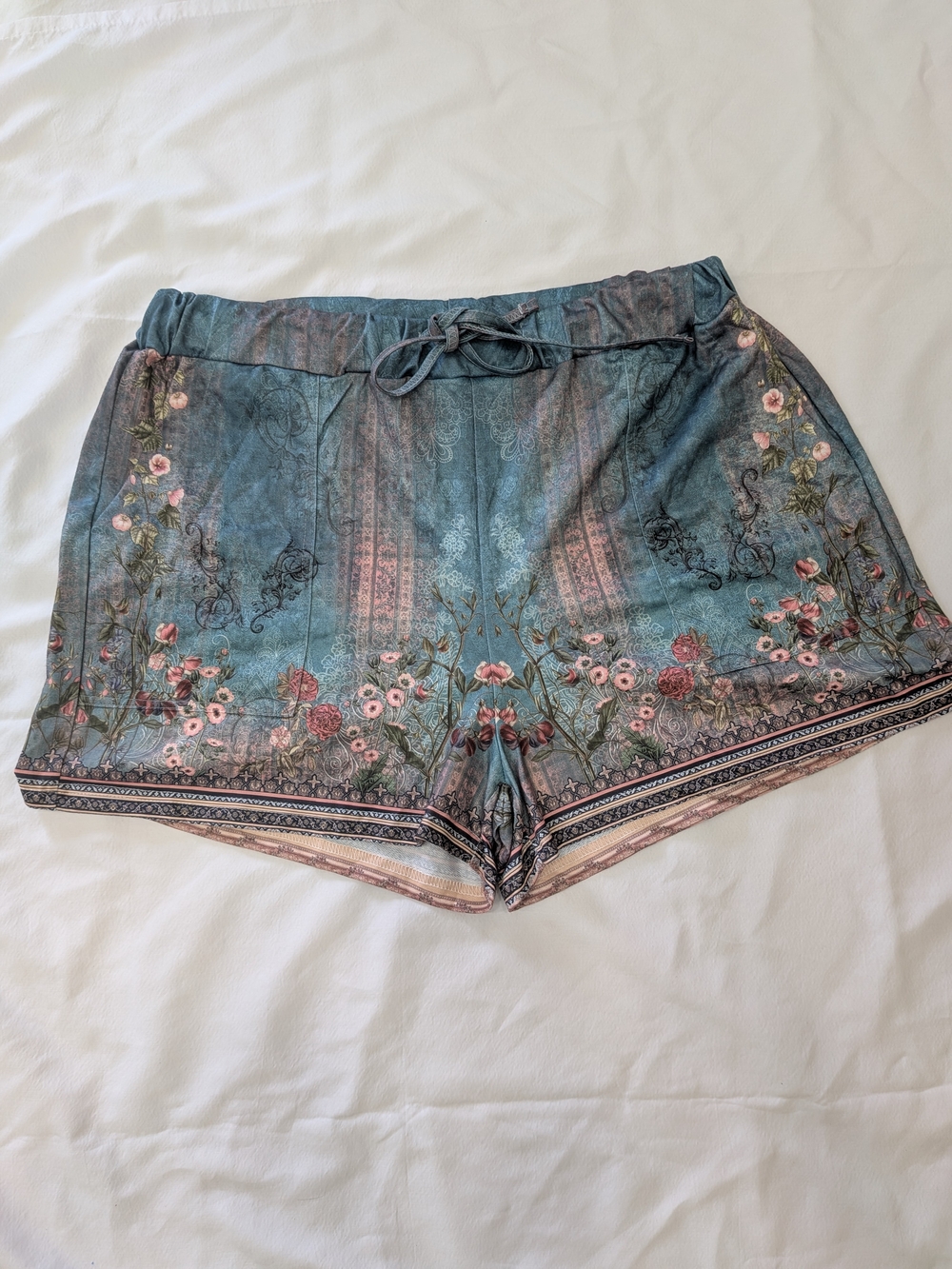 Statement Floral Print Teal Women's Drawstring Side Pockets Summer Shorts